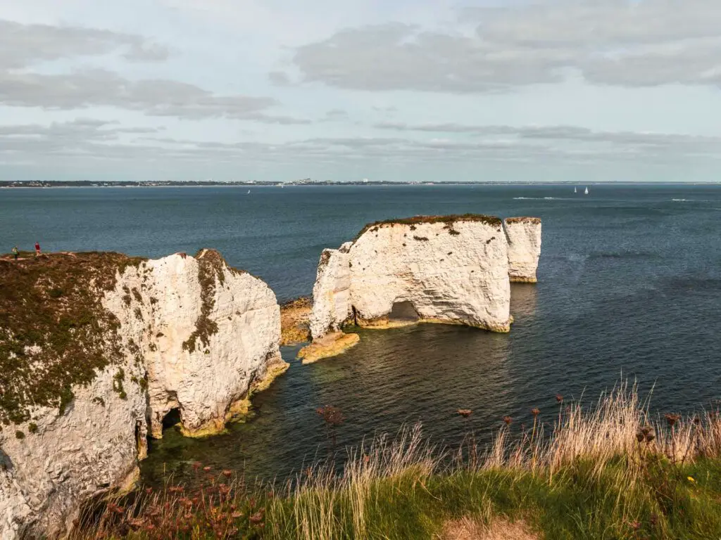 The white cliffs of Old Harry Rocks surrounded by the blue sea.