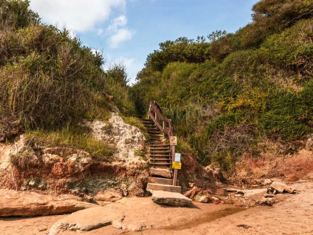 Wooden steps leading off the sandy beach in Swanage. The steps lead up through green shrubbery on the cliffside.