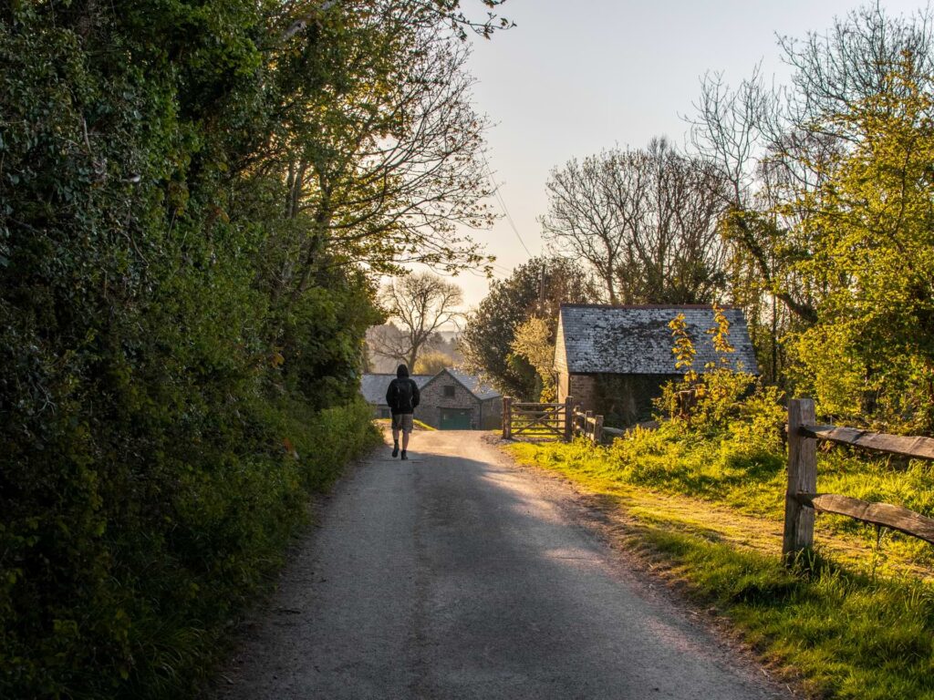 Oliver walking along the path at the start of the walk to Blackchurch rock and Mouthmill Beach. There is a big green hedge on the left and a shed on the grass on the right.