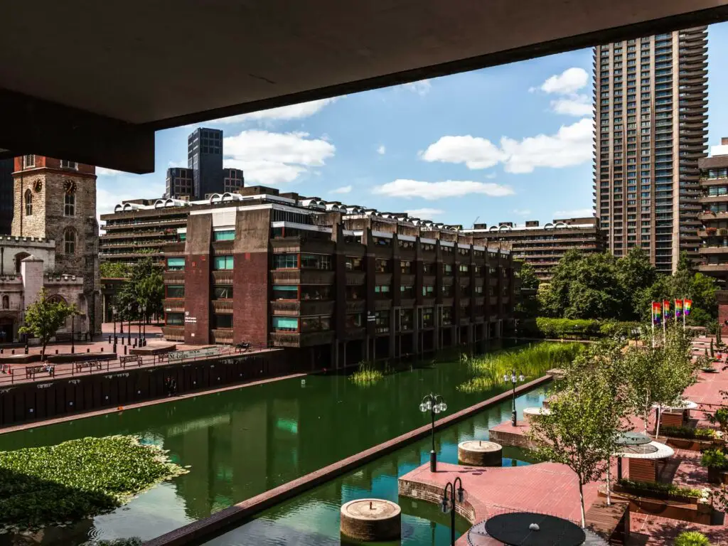 A long pond in the Barbican centre on the walk around the City of London. 