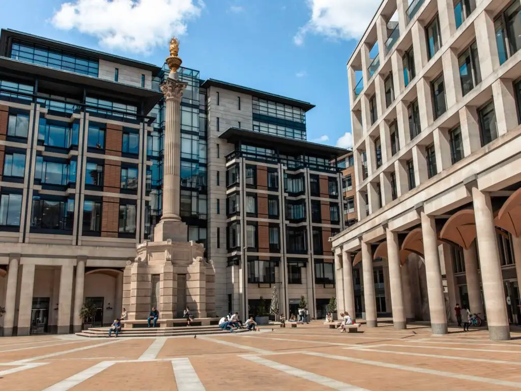 Paternoster square column surrounded by buildings in the City of London.