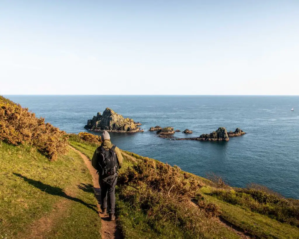 Oliver walking along the narrow dirt trail on the side of the grassy hill with the blue sea and rocks ahead.