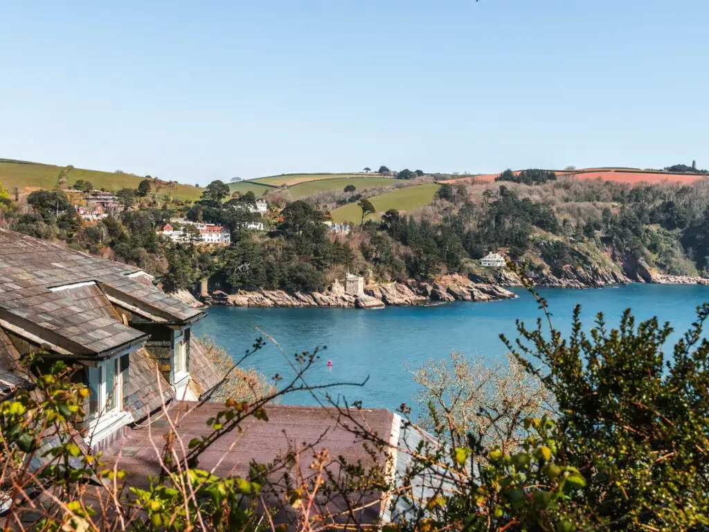 The River Dart visible through the shrubbery and the hilly coastline on the other side on the walk to Little Dartmouth.