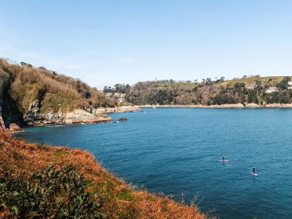 Looking down to the blue water with two people paddle boarding.