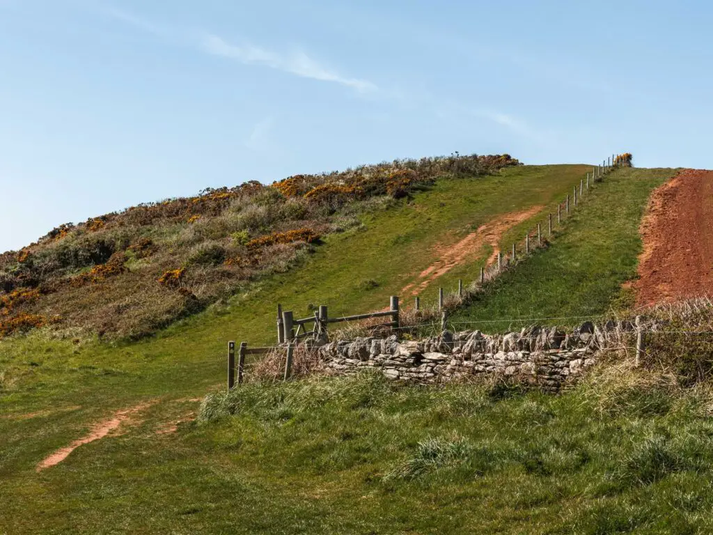 A big green hill with the path going up it. There is brick wall at the bottom of the hill.