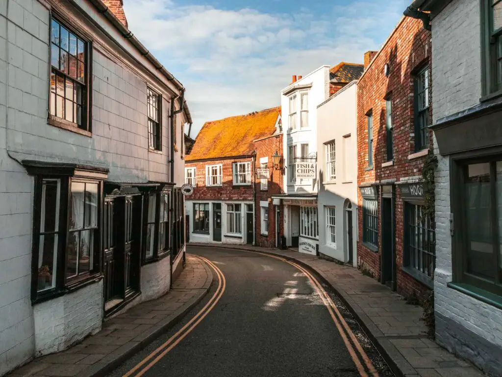 The road leading through Rye town with buildings on either side.