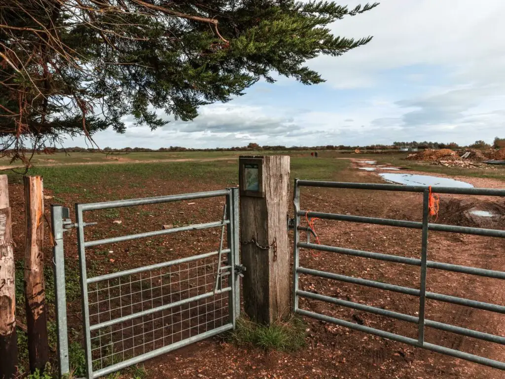 A metal gate and fence with a brown and green field on the other side.