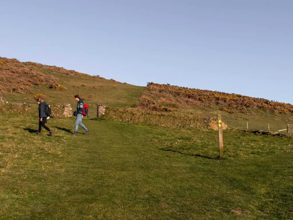 A green grassy field. There is a wooden signpost stump with yellow arrows. There are two people walking across the field.