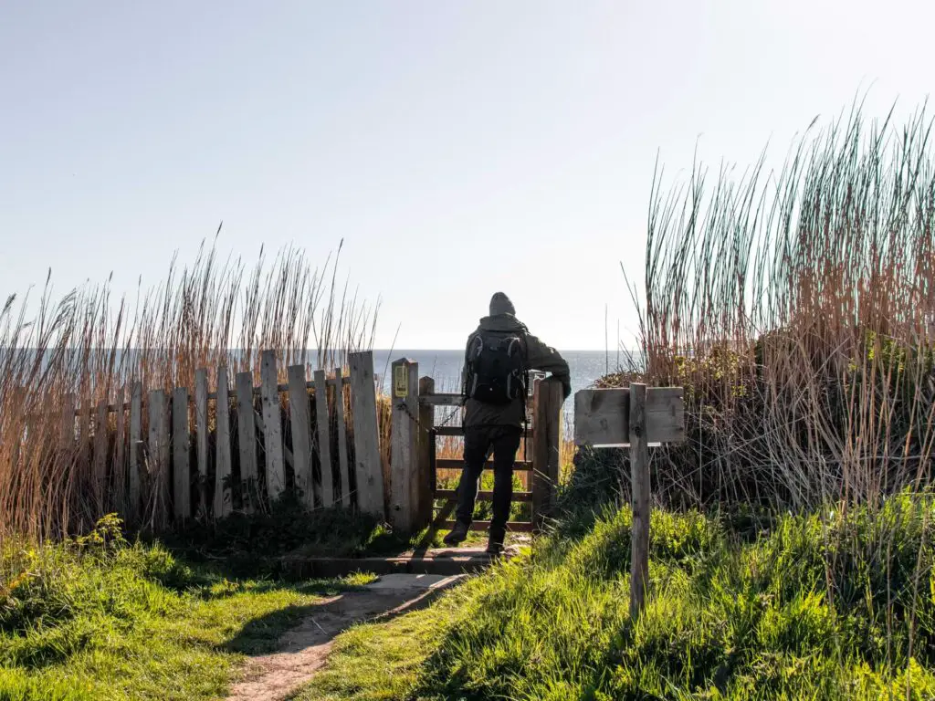 A man walking through a wooden gate with tall hay lining the wooden fence. The sea is visible on the other side of the fence.