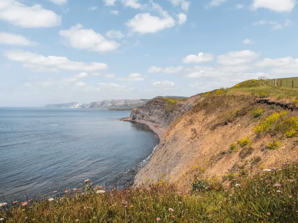 A cliff coastline view leading to the sea in Dorset.