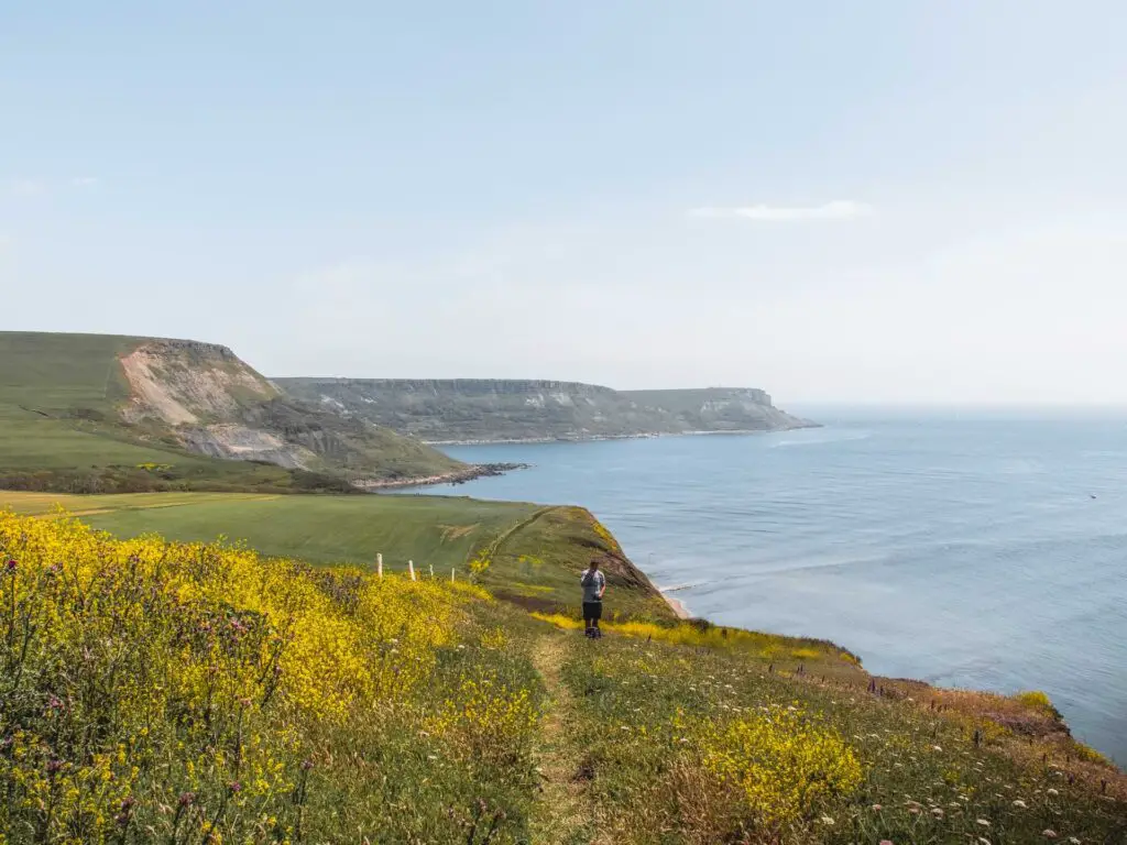 An undulating grass clifftop leading to a big hill with the sea on the right.