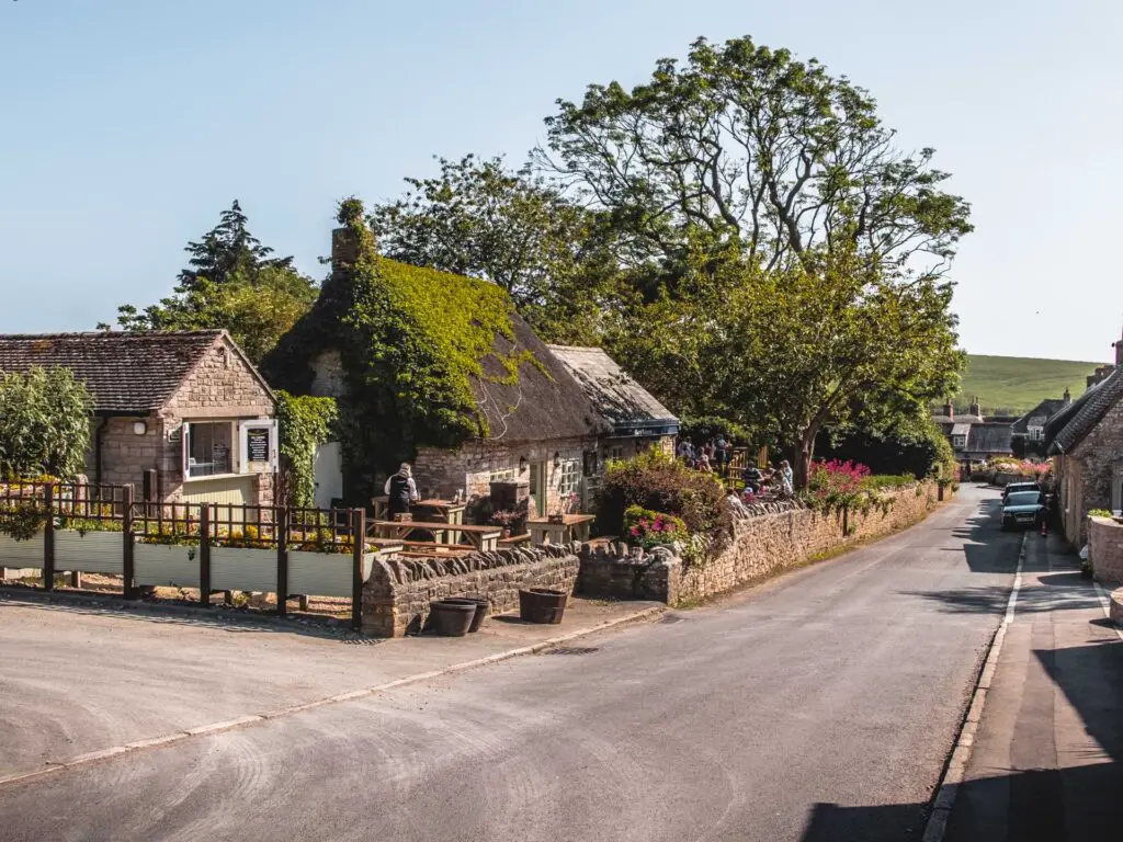 A road with quaint buildings on the left in Kimmeridge village. There are a few trees and pink flowers by the buildings.