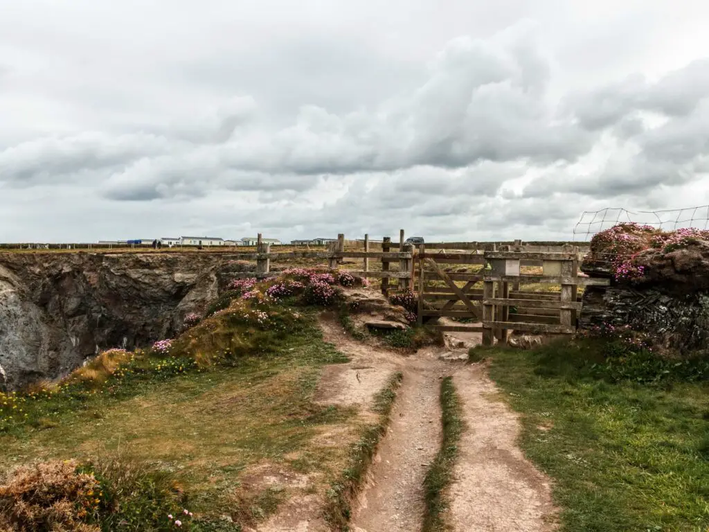 A dirt trail leading to a wooden gate and fence, with grass either side of the trail.