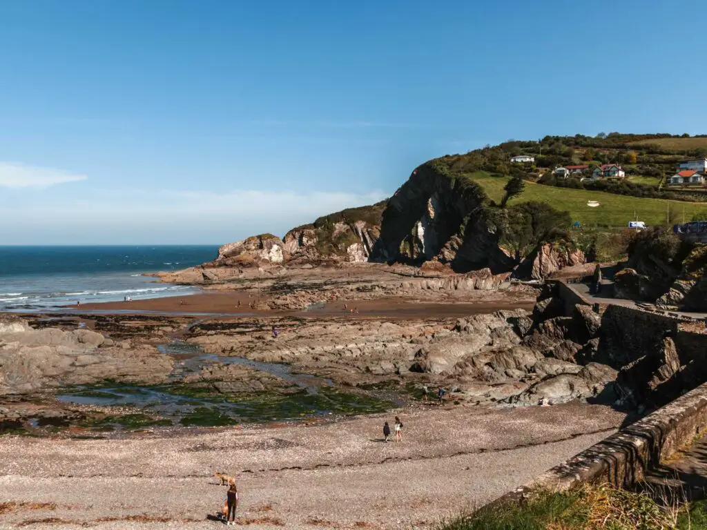 The sea bed of Combe Martin bay on the walk from Watermouth and Ilfracombe. There is a green grass covered hill and cliff on the other side. There are a few people walking on the beach.
