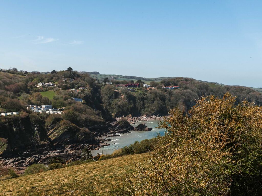 A view down to the bay of Combe Martin with the rocks and trees and hill top behind it.