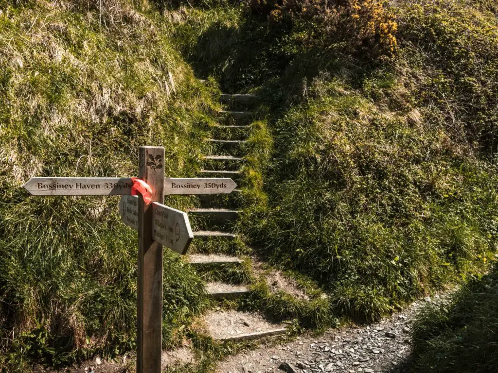 A wooden signpost pointing to Bossiney. There is a steep grass covered hill behind the sign, with steps leading up the hill.