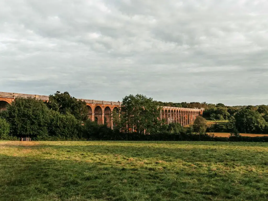 The ouse valley viaduct across a green grass field, partially hidden by trees on the circular walk from Balcombe.
