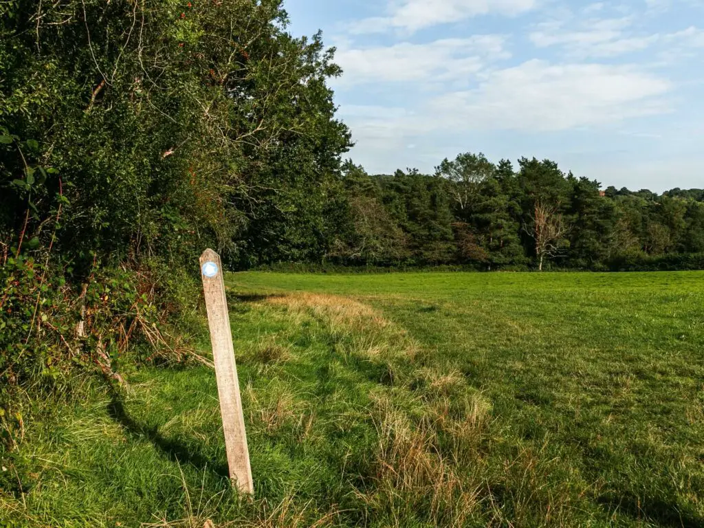 A wooden signpost marking the walking trail towards the Ardingly reservoir. It is in a green grass field with trees along the edges.
