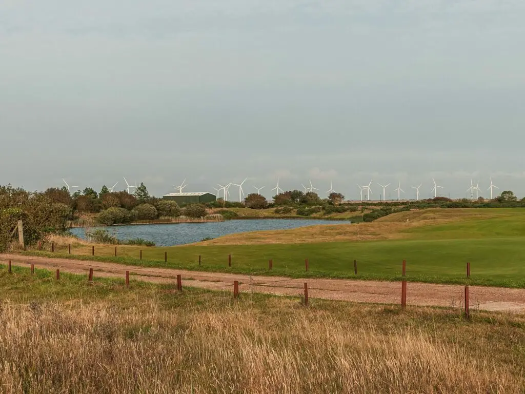 An immaculate green lawn of the Rye golf course, with a small lake, a path, and wind turbines visible in the distance. 