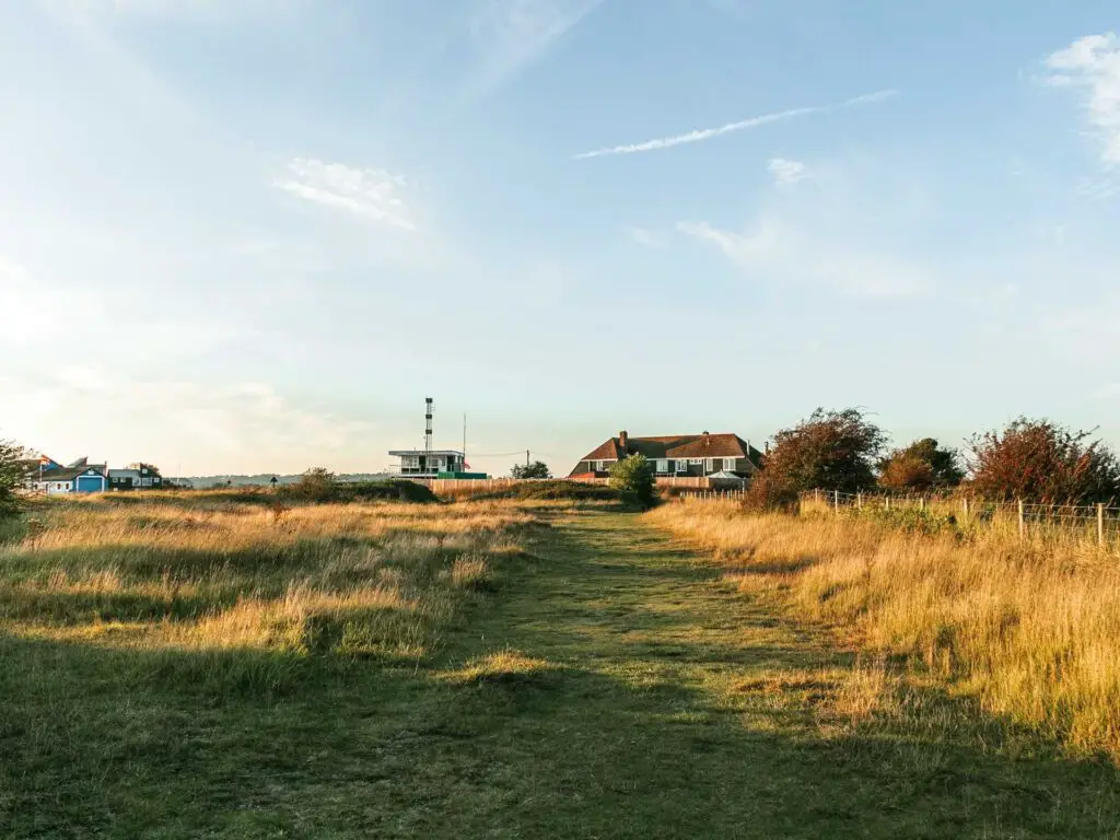 A carpet like green grass trail leading to a building on the walk back from Camber Sands to Rye.