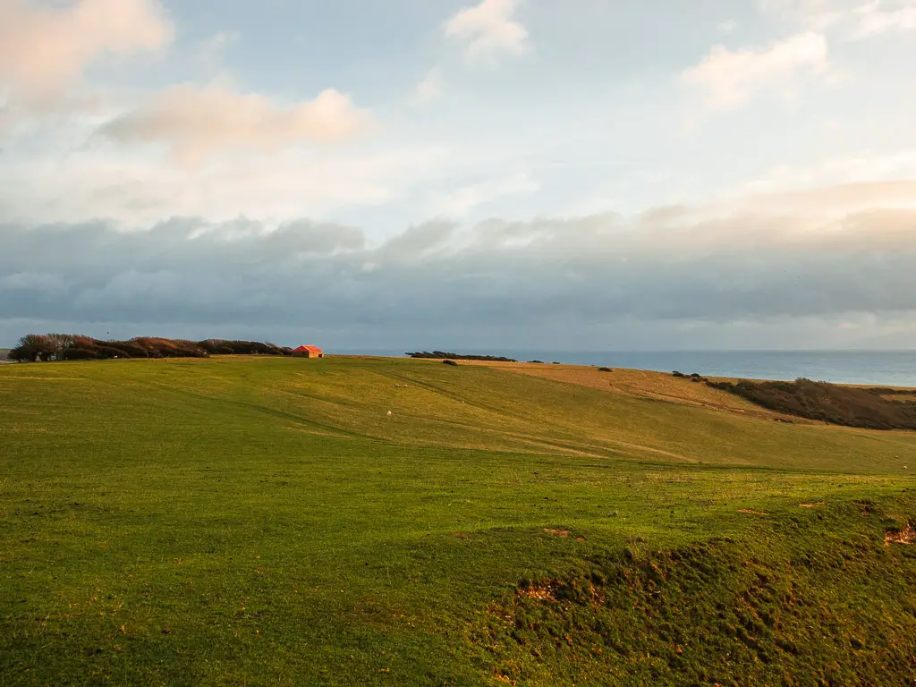 Looking across the undulating grass covered clifftop on the circular walk back to Birling Gap. There is a red roofed shed in the distance.