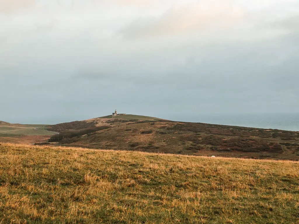 The rolling hills, with Belle tout Lighthouse just visible in the distance. 