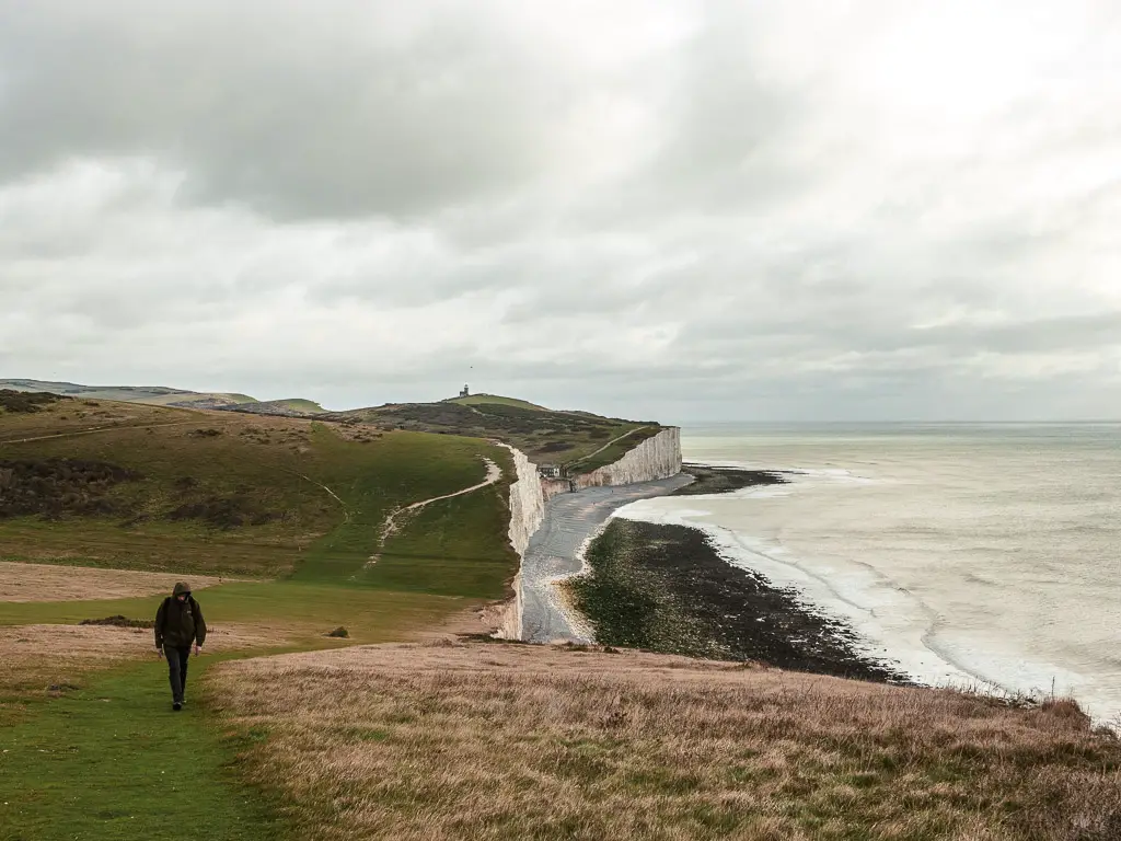 Looking back along the cliffs towards Birling Gap on the circular walk towards Friston Forest. There is a man walking uphill along the grassy clifftop.