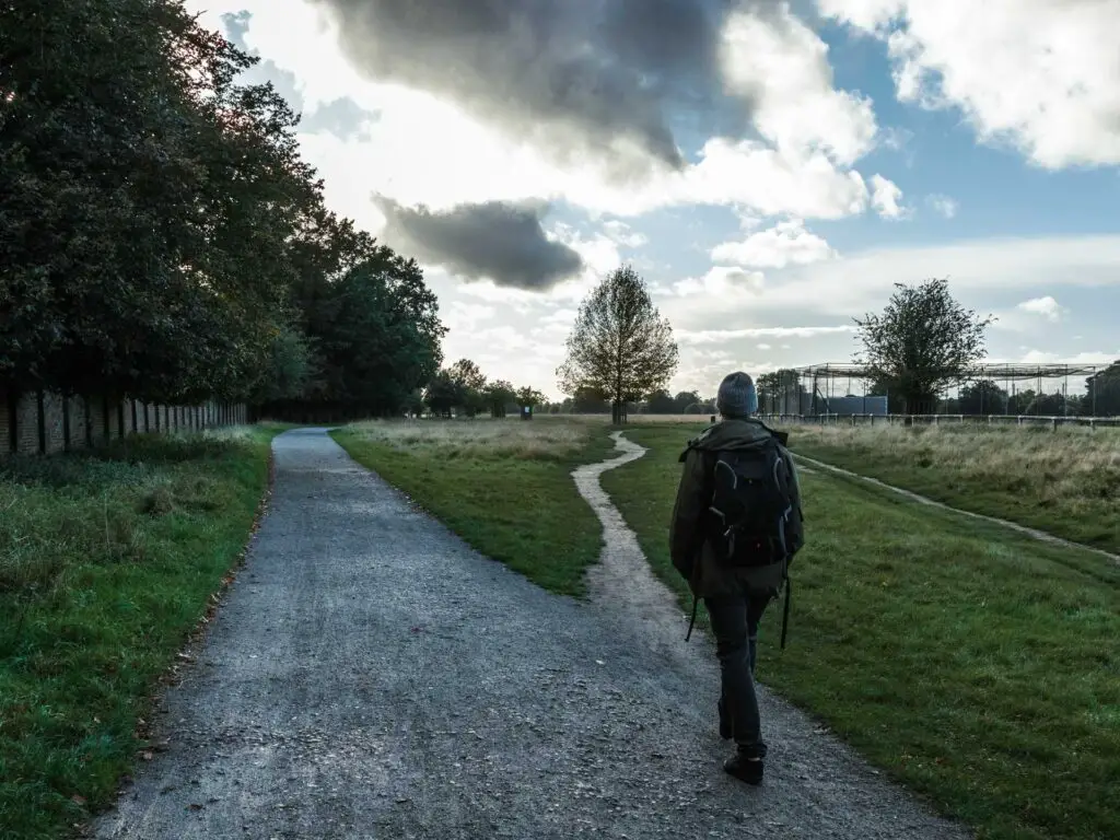 A small trail leading off the main trail in the grass at the start of the walk through bushy park. There is a man walking on the trail.