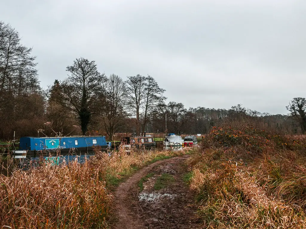 A muddy trail next to the River Wey, with some colourful barges on the walk towards Godalming.