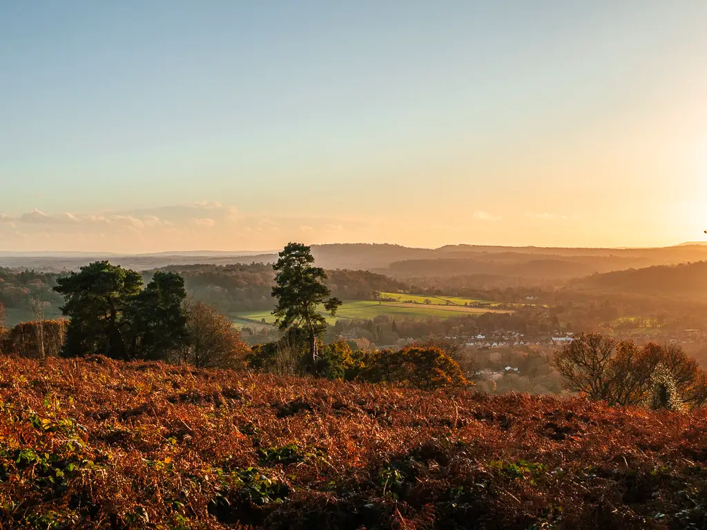 Looking down to the view across the valley and fields with hills in the distance from St Martha's Church. The sun is setting creating an orange glow.