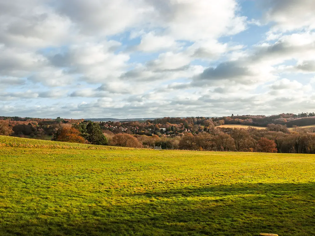 Looking across the green grass downhill field to the tree tops and a few houses in the distance on the walk towards Newlands Corner. 