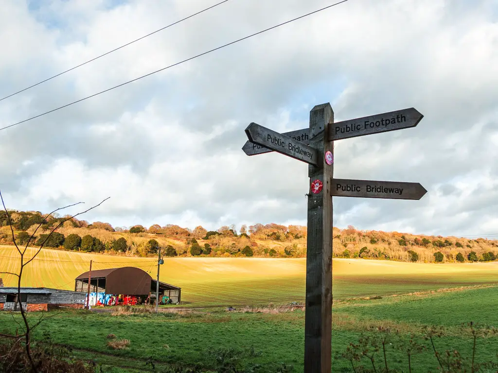 A wooden trail signpost with green fields and a farm house behind.