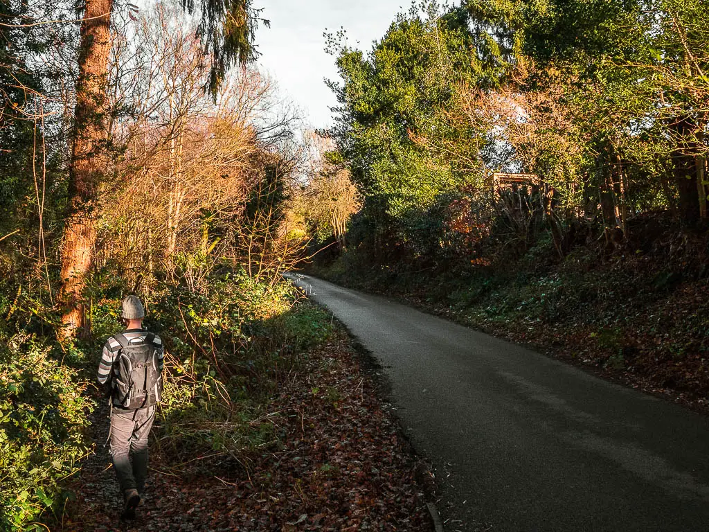 A man walking on a side trail off the main road. The trail leads into the woods.