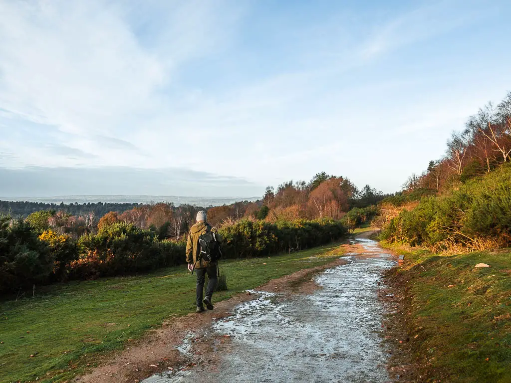 A man walking on a path with a grass bank to the left and right, and lined with bushes.