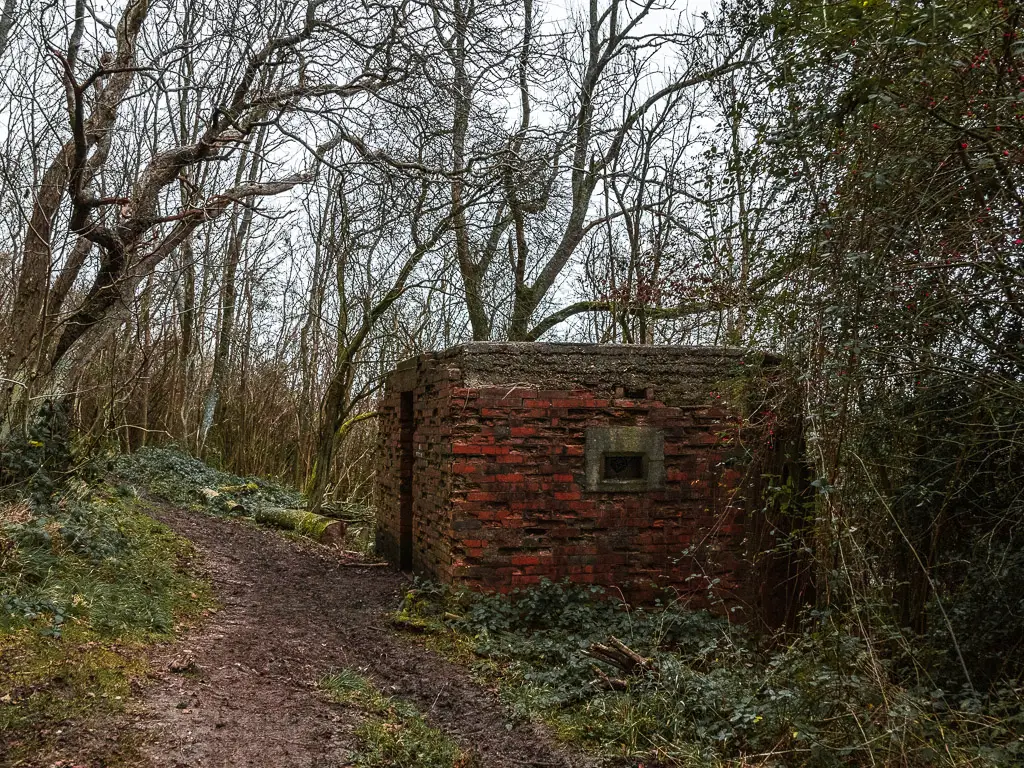 A red bricked war pillbox next to the trail in the woodland.
