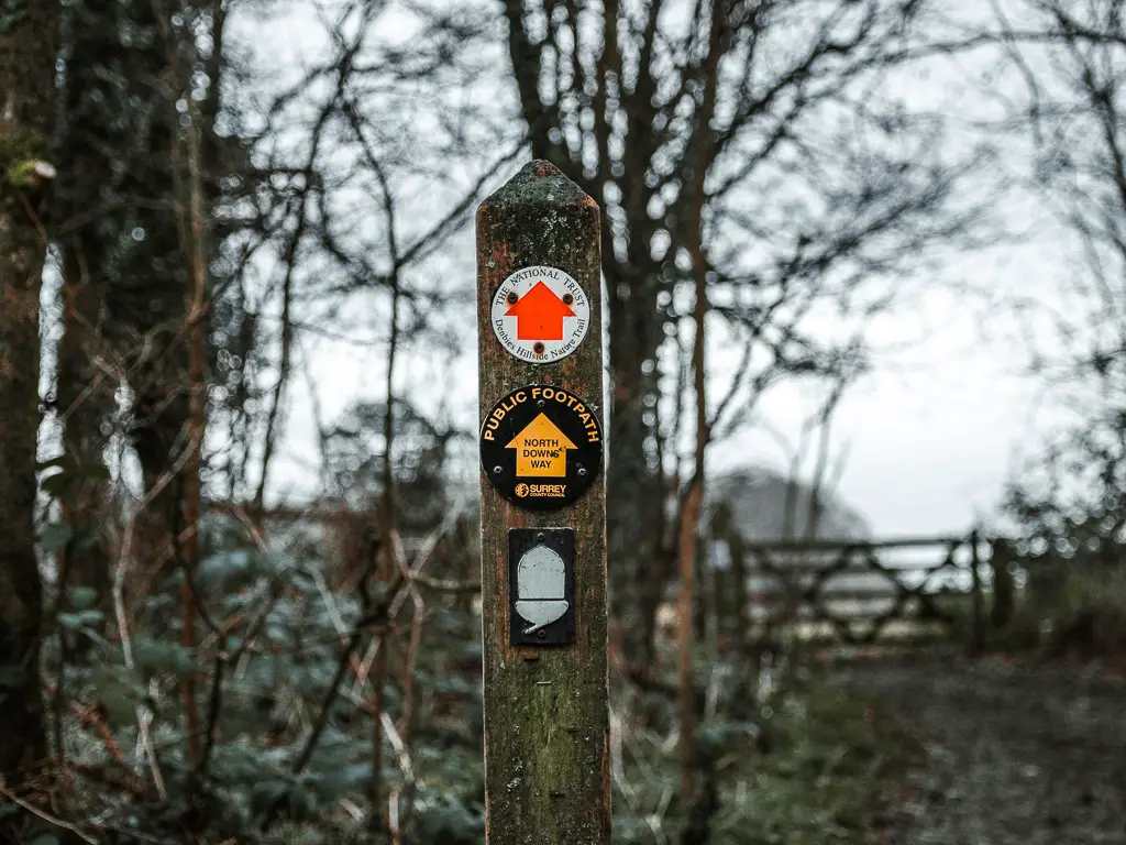 A wooden trail signpost with 3 discs, two of which mark the walk route for stage 2 of the north downs way. the discs are different colours with black, white, yellow and red.