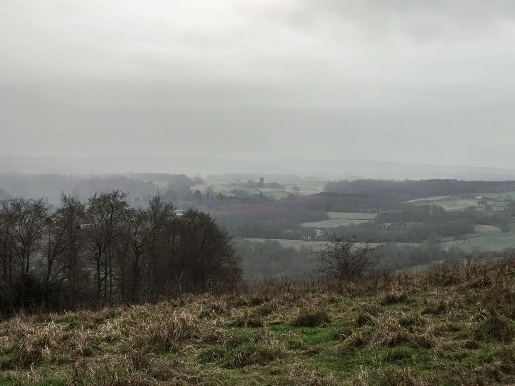 Looking across to the misty view of the fields and trees in the distance on the walk from Guildford to Westhumble.