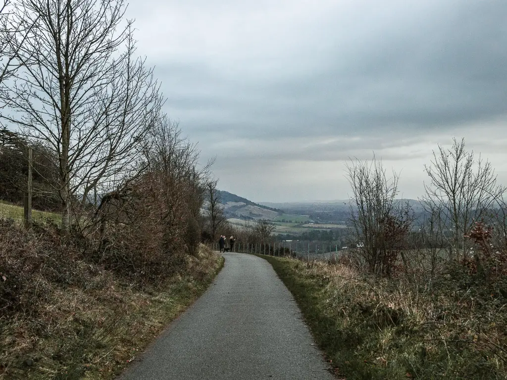 A path with a view of Box hill in the distance towards the end of the walk from Guildford to Westhumble.