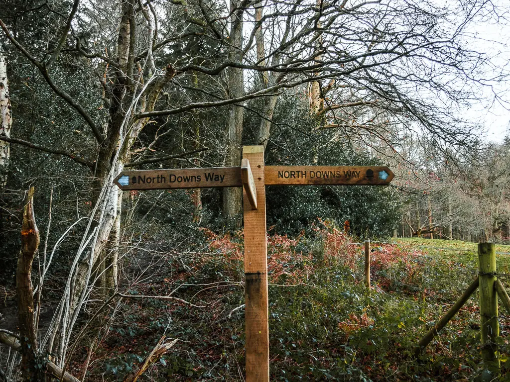 A wooden signpost marking the walk route of stage 2 of the North Downs Way.  
