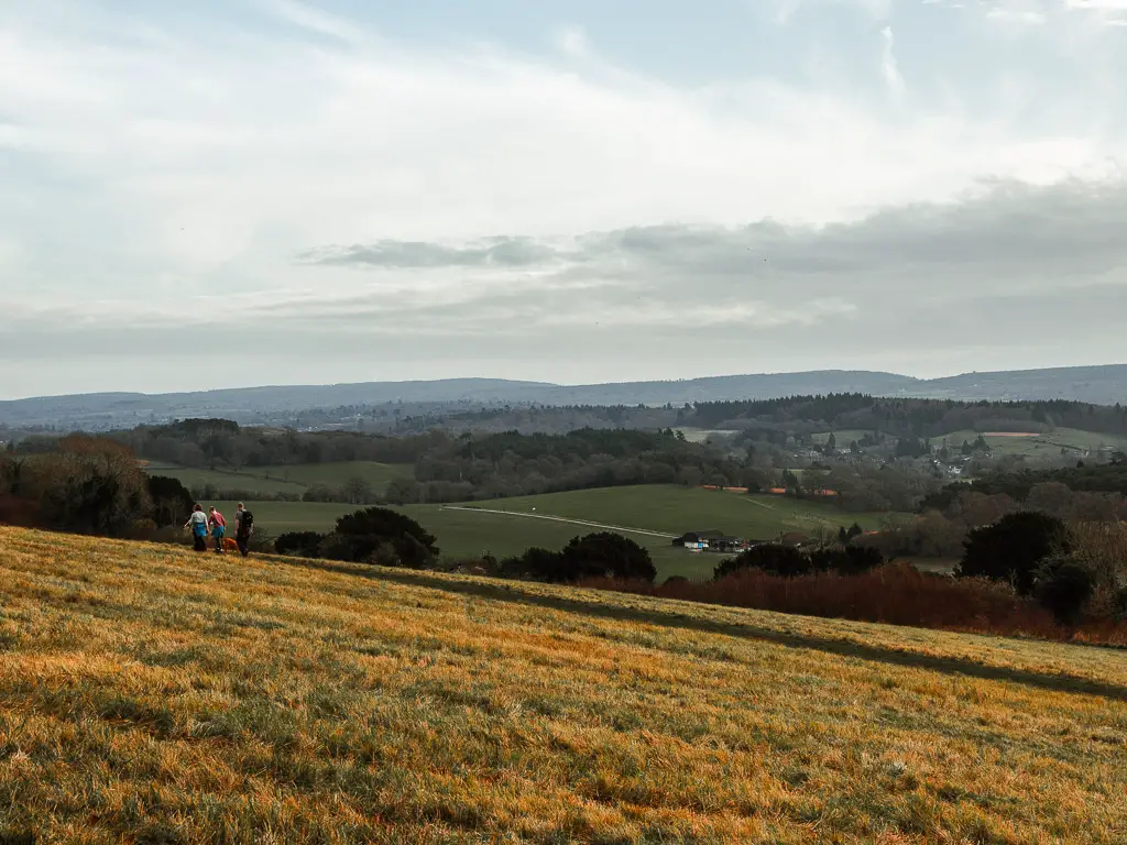 Looking down the hill of Newlands Corner to the views of the rolling green hills one the walk from Guildford to Westhumble.