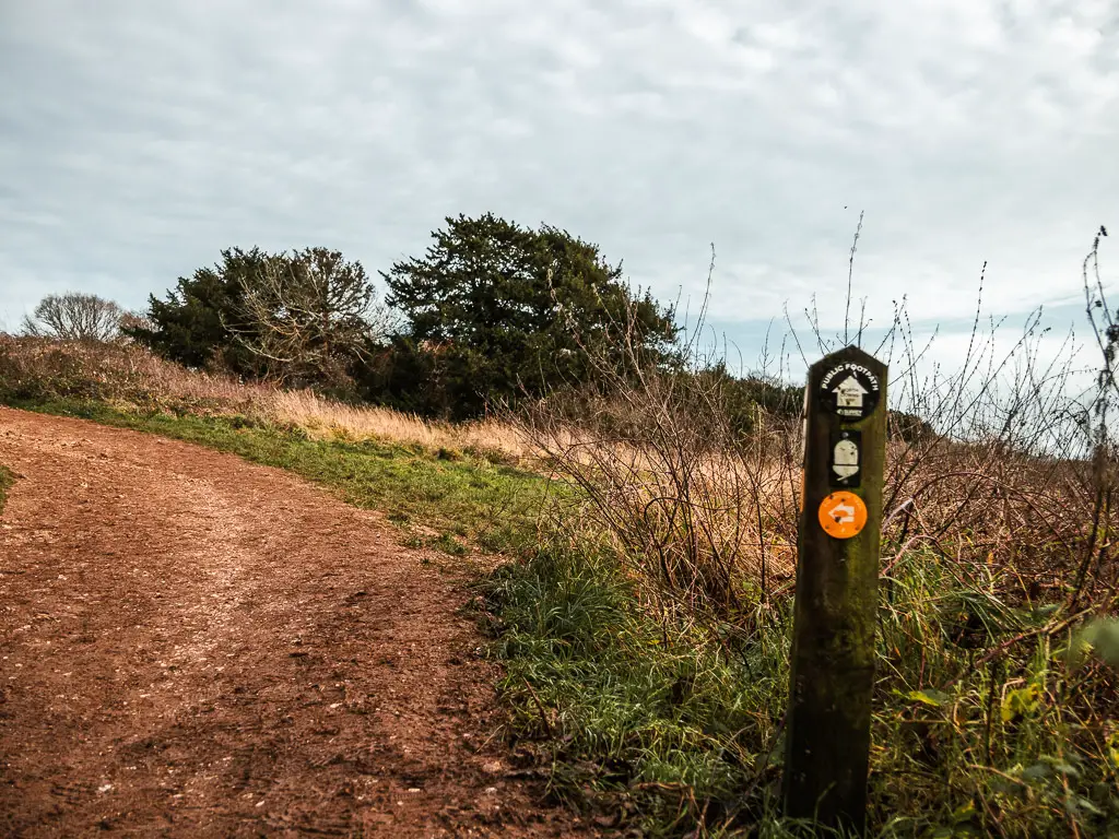 A wooden stump signpost with three trail discs, marking through walk route for the North Downs Way stage 2 and the Dormouse trail.  The signpost is on the side of a dirt trail.