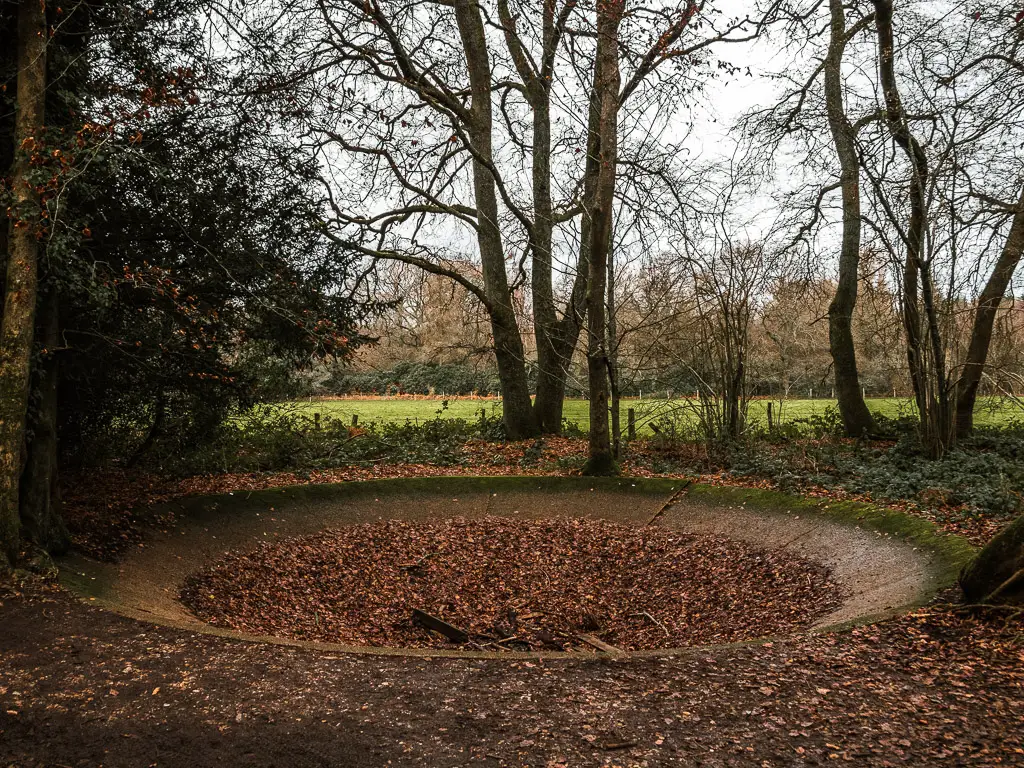 A mad made crater on the ground, filled with fallen brown leaves.