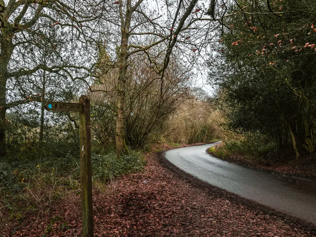A wooden north Downs Way walk signpost standing next to a road bend.