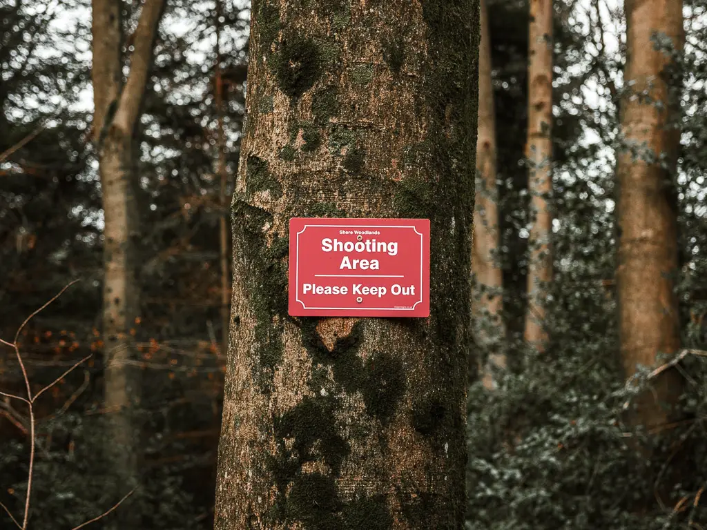 A red sign saying 'shooting area' on a tree trunk.