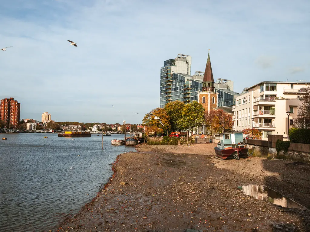 Looking across the bank of the River Thames at low tide. The spire of St Mary's Church is poking up through the trees, with a glass covered apartment block behind it.