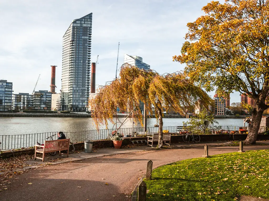 A green patch of grass with a path curving around it with the River Thames ahead. There is a bench facing the river with a person sitting on it. There are a couple of trees next to the path. There is a very tall apartment buildings on the other side of the river. 