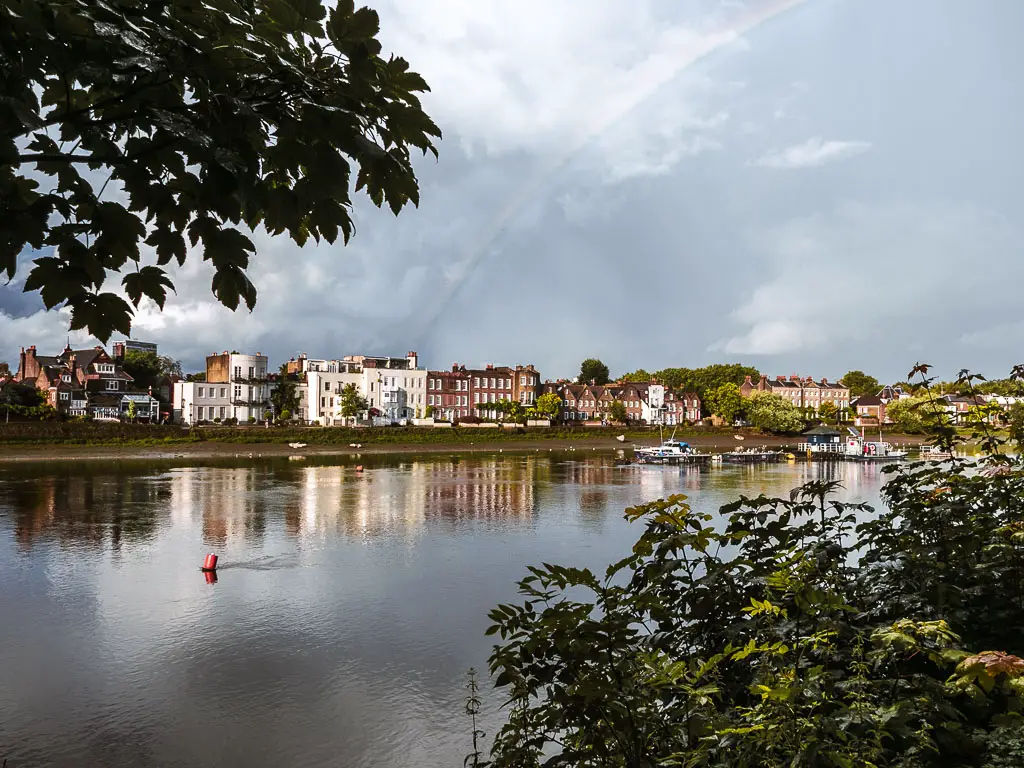 Looking across the river to the row of houses on the other side on the walk between Richmond and Putney along the Thames Path. There are green leaves and bushes in the top left and right bottom corners of the frame. 