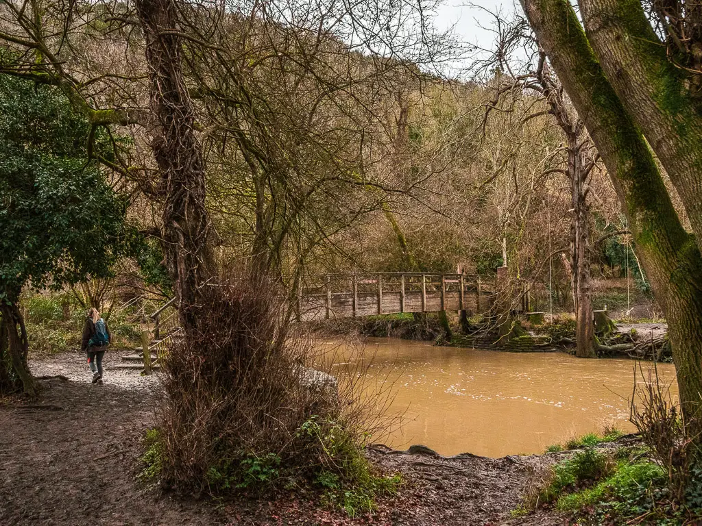 A wooden bridge over the river in the woodland at the beginning for the walk from Westhumble to Merstham.
