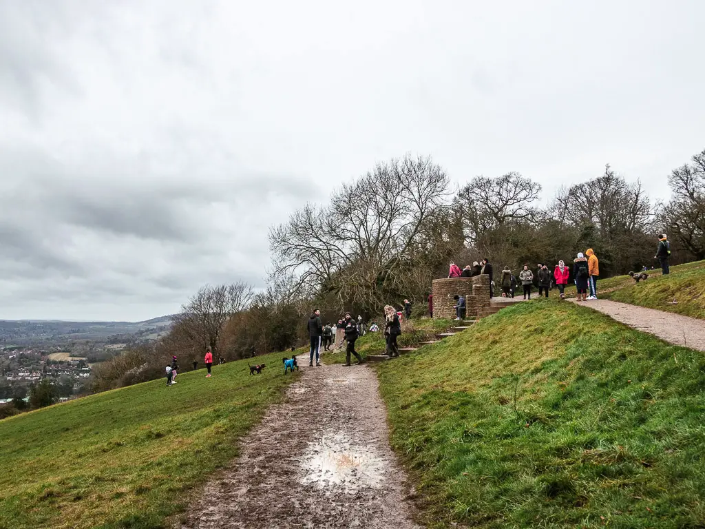 Lots of people standing around at Box Hill viewpoint.