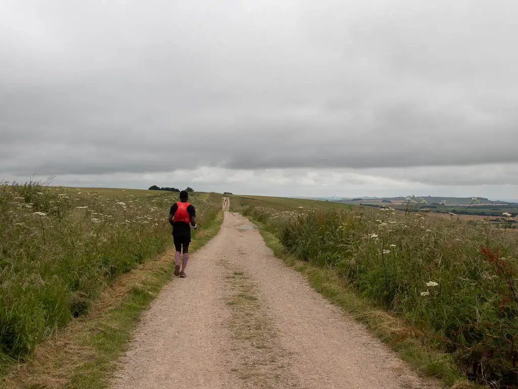 A runner on the long Ridgeway trail on the walk towards Avebury. The trail is lined with tall grass.